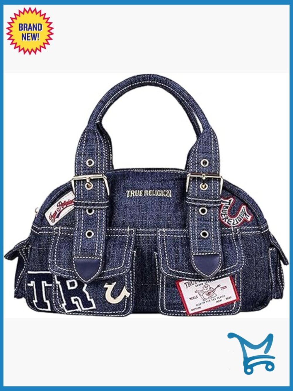 Multi Patch Satchel Bag with Zip Closure Adjustable Handle Dark Denim